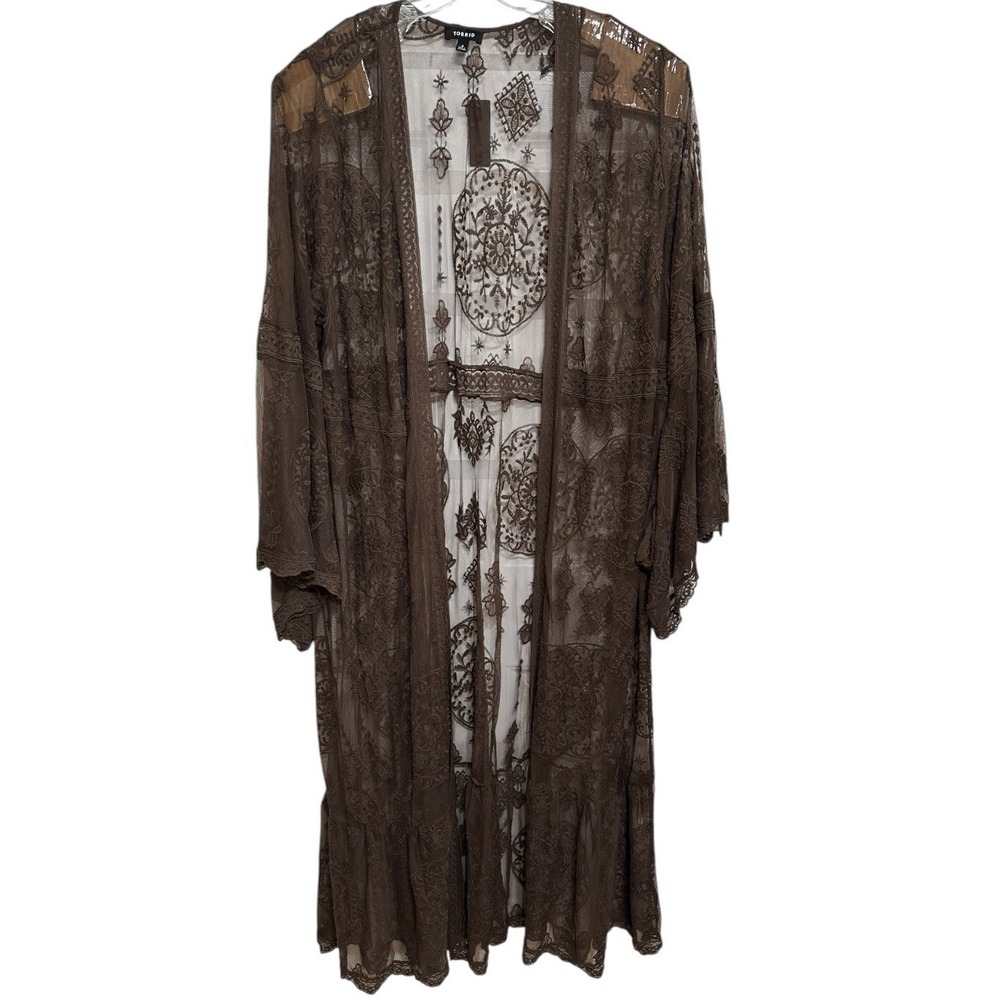 Torrid Duster Cardigan Women Brown Lace Embroidered Mesh Romantic Whimisgoth 4